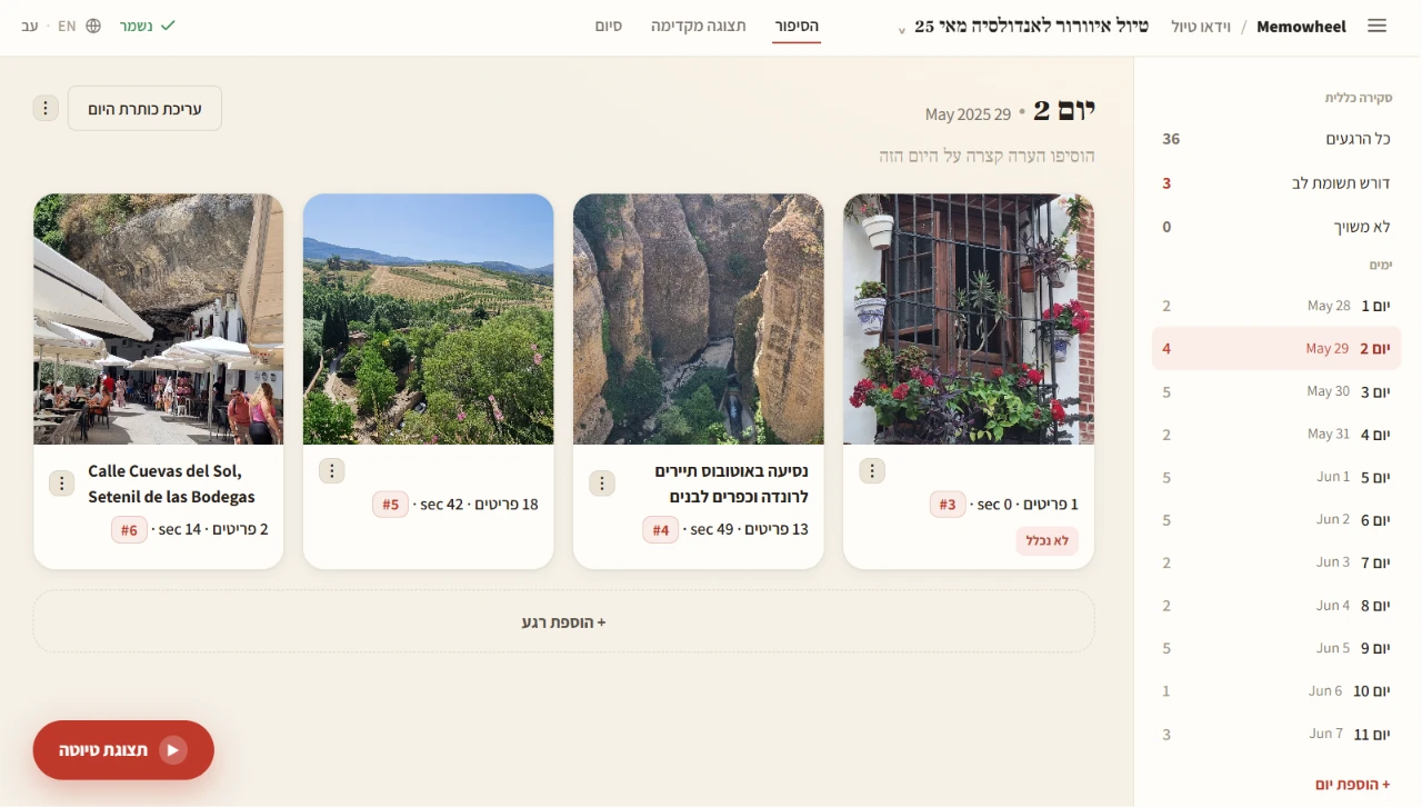 The Memowheel Trip Video review workspace: a trip's photos grouped into moments by day, with a day list on the right.
